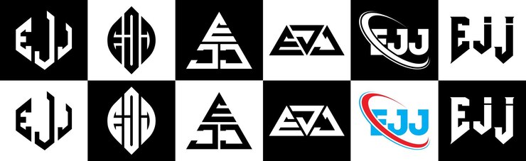 Vector diseño del logotipo de la letra ej en seis estilos ejj polígono círculo triángulo hexágono plano y estilo simple con variación de color blanco y negro logotipo de la letra establecido en un tablero de arte ejj logotipo minimalista y clásico