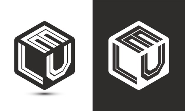 Diseño de logotipo de letra ELU con logotipo de cubo ilustrador logotipo vectorial estilo de superposición de fuente de alfabeto moderno