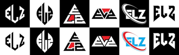 Vector diseño del logotipo de la letra elz en seis estilos elz polígono círculo triángulo hexágono plano y estilo simple con variación de color blanco y negro logotipo de la letra establecido en un tablero de arte elz logotipo minimalista y clásico