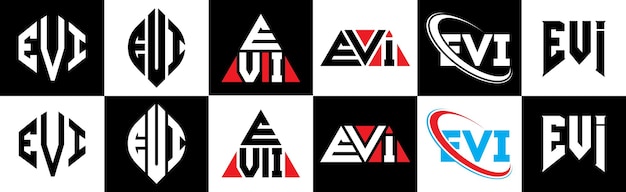 Diseño del logotipo de la letra EVI en seis estilos. Polígono EVI, círculo, triángulo, hexágono, estilo plano y simple con variación de color en blanco y negro. Logotipo de letra en una mesa de trabajo. Logotipo minimalista y clásico de EVI.