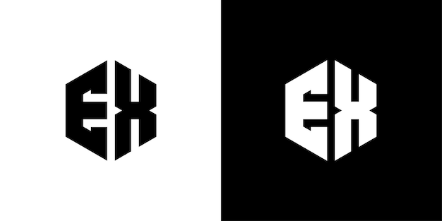 Diseño de logotipo de letra EX Polígono Minimal en fondo blanco y negro