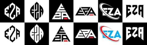 Diseño del logotipo de la letra EZA en seis estilos EZA polígono círculo triángulo hexágono estilo plano y simple con logotipo de letra de variación de color blanco y negro ubicado en una mesa de trabajo Logotipo minimalista y clásico de EZA
