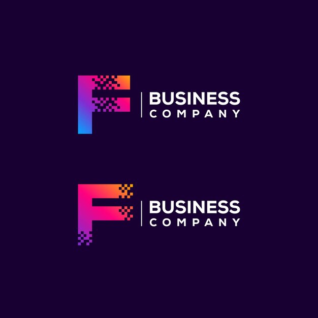 Diseño de logotipo de letra F abstracta con forma cuadrada de píxeles para tecnología y empresa de negocios digitales