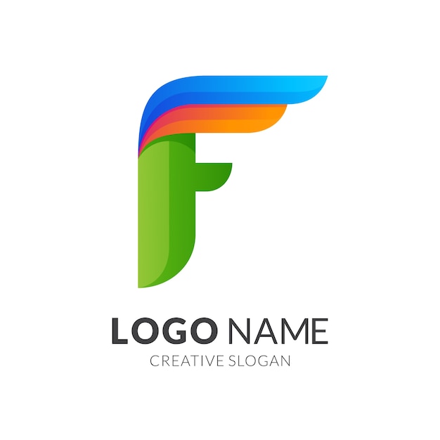 Vector diseño de logotipo de letra f y ala, estilo de logotipo moderno en colores vibrantes degradados