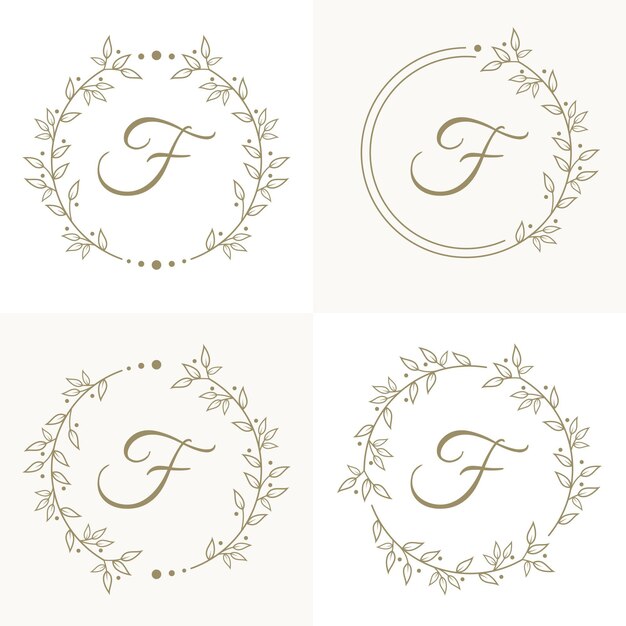 Diseño de logotipo de letra F de lujo con plantilla de fondo de marco floral