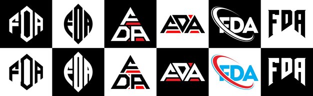 Vector diseño del logotipo de la letra fda en seis estilos, círculo poligonal de la fda, triángulo, hexágono, estilo plano y simple con logotipo de letra de variación de color blanco y negro en una mesa de trabajo, logotipo minimalista y clásico de la fda