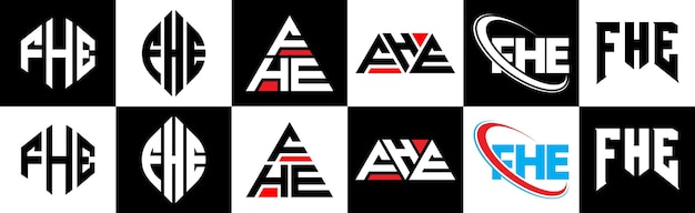 Diseño del logotipo de la letra fhe en seis estilos fhe polígono círculo triángulo hexágono estilo plano y simple con logotipo de letra de variación de color blanco y negro en una mesa de trabajo logotipo fhe minimalista y clásico