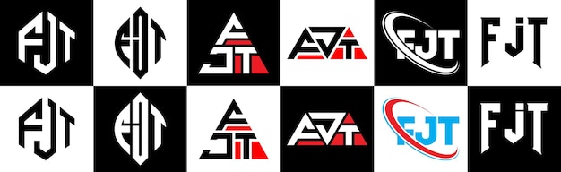 Diseño del logotipo de la letra FJT en seis estilos FJT polígono círculo triángulo hexágono estilo plano y simple con logotipo de letra de variación de color blanco y negro ubicado en una mesa de trabajo Logotipo minimalista y clásico de FJT