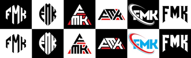 Diseño de logotipo de letra FMK en seis estilos. Círculo poligonal FMK, triángulo, hexágono, estilo plano y simple con variación de color en blanco y negro. Logotipo de letra en una mesa de trabajo. Logotipo minimalista y clásico de FMK.