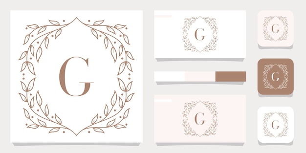 Diseño de logotipo de letra g de lujo con plantilla de marco floral, diseño de tarjeta de visita