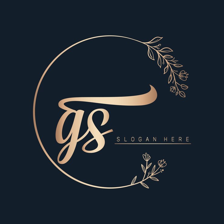 Vector diseño del logotipo de la letra gs con círculo en hoja y flor de color dorado