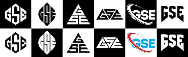 Diseño del logotipo de la letra gse en seis estilos gse polígono círculo triángulo hexágono estilo plano y simple con logotipo de letra de variación de color blanco y negro ubicado en una mesa de trabajo logotipo minimalista y clásico de gse