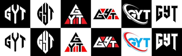 Diseño del logotipo de la letra GYT en seis estilos Estilo plano y simple del triángulo del círculo del polígono GYT del hexágono con el logotipo de la letra de variación de color blanco y negro en una mesa de trabajo Logotipo minimalista y clásico de GYT