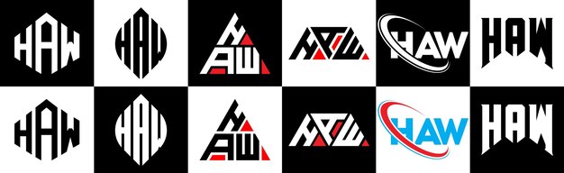 Diseño del logotipo de la letra HAW en seis estilos HAW polígono círculo triángulo hexágono estilo plano y simple con logotipo de letra de variación de color blanco y negro en una mesa de trabajo Logotipo minimalista y clásico de HAW