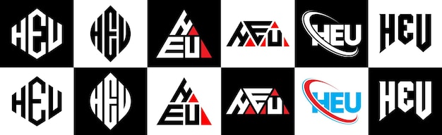 Diseño del logotipo de la letra HEU en seis estilos HEU polígono círculo triángulo hexágono estilo plano y simple con logotipo de letra de variación de color blanco y negro ubicado en una mesa de trabajo Logotipo minimalista y clásico de HEU