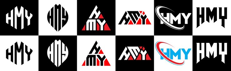 Vector diseño del logotipo de la letra hmy en seis estilos hmy polígono círculo triángulo hexágono estilo plano y simple con logotipo de letra de variación de color blanco y negro ubicado en una mesa de trabajo logotipo minimalista y clásico de hmy