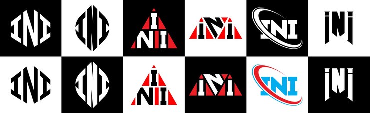 Vector diseño del logotipo de la letra ini en seis estilos. círculo poligonal de ini, triángulo, hexágono, estilo plano y simple con variación de color en blanco y negro. logotipo de letra en una mesa de trabajo. logotipo minimalista y clásico de ini.
