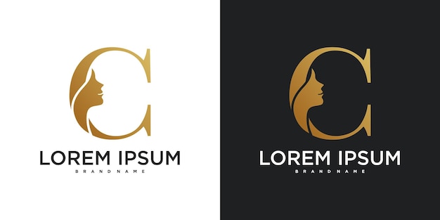 El diseño del logotipo con la letra inicial C y la silueta de la cara de una mujer Premium Vector