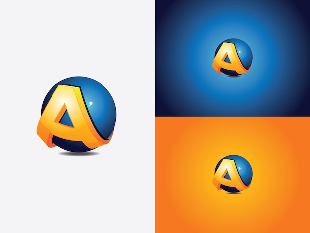 Diseño de logotipo con la letra inicial A envuelta alrededor de una esfera azul, el globo, versión en color naranja con corte horizontal