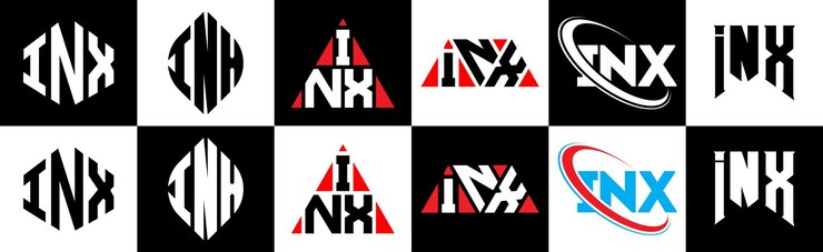 Vector diseño del logotipo de la letra inx en seis estilos estilo plano y simple del triángulo del círculo del polígono inx del hexágono con el logotipo de la letra de variación de color blanco y negro en una mesa de trabajo logotipo minimalista y clásico de inx