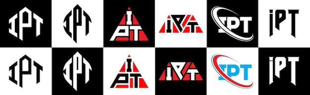 Diseño del logotipo de la letra IPT en seis estilos IPT polígono círculo triángulo hexágono estilo plano y simple con logotipo de letra de variación de color blanco y negro en una mesa de trabajo Logotipo minimalista y clásico de IPT
