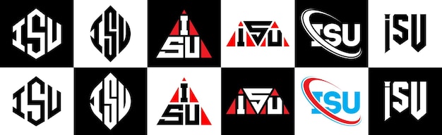 Diseño del logotipo de la letra ISU en seis estilos ISU polígono círculo triángulo hexágono estilo plano y simple con logotipo de letra de variación de color blanco y negro en una mesa de trabajo Logotipo minimalista y clásico de ISU