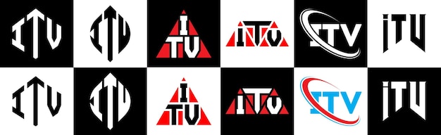 Vector diseño del logotipo de la letra itv en seis estilos itv polígono círculo triángulo hexágono estilo plano y simple con logotipo de letra de variación de color blanco y negro ubicado en una mesa de trabajo logotipo minimalista y clásico de itv