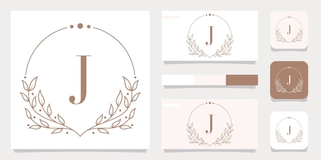 Diseño de logotipo de letra J de lujo con plantilla de marco floral, diseño de tarjeta de visita