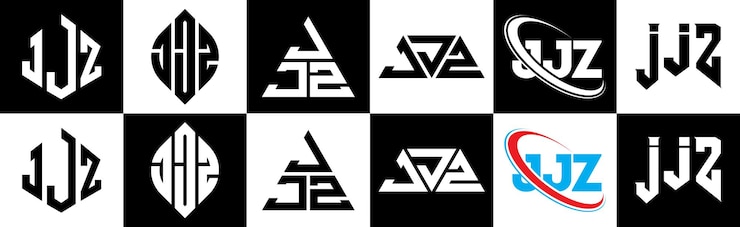 Vector diseño del logotipo de la letra jjz en seis estilos, polígono, círculo, triángulo, hexágono, estilo plano y simple con variación de color en blanco y negro, logotipo de letra en una mesa de trabajo, logotipo minimalista y clásico de jjz