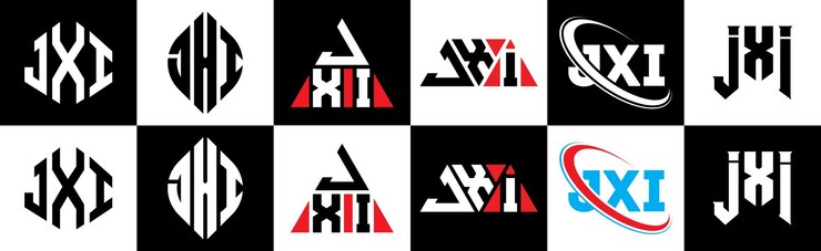 Vector diseño del logotipo de la letra jxi en seis estilos jxi polígono círculo triángulo hexágono estilo plano y simple con variación de color blanco y negro logotipo de letra en una mesa de trabajo logotipo jxi minimalista y clásico