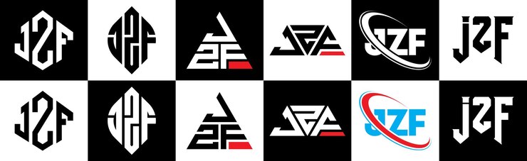Vector diseño del logotipo de la letra jzf en seis estilos jzf polígono círculo triángulo hexágono estilo plano y simple con logotipo de letra de variación de color blanco y negro ubicado en una mesa de trabajo logotipo jzf minimalista y clásico