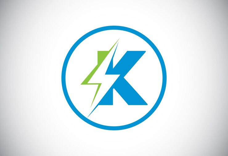 Vector diseño de logotipo de letra k inicial con perno de trueno de iluminación vector de logotipo de letra de perno eléctrico