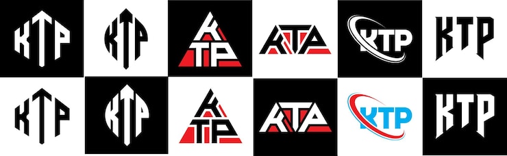 Vector diseño del logotipo de la letra ktp en seis estilos ktp polígono círculo triángulo hexágono plano y estilo simple con variación de color blanco y negro logotipo de letra establecido en un tablero de arte ktp logotipo minimalista y clásico