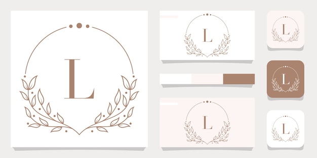 Diseño de logotipo de letra L de lujo con plantilla de marco floral, diseño de tarjeta de visita