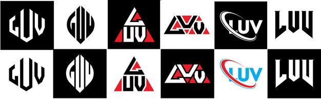 Diseño del logotipo de la letra LUV en seis estilos LUV polígono círculo triángulo hexágono plano y estilo simple con variación de color blanco y negro logotipo de letra establecido en un tablero de arte LUV logotipo minimalista y clásico