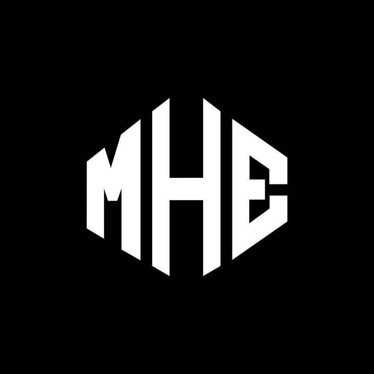 Vector diseño del logotipo de la letra mhe con forma de polígono mhe diseño del logotipo en forma de póligono y cubo mhe hexágono modelo de logotipo vectorial colores blanco y negro mhe monograma negocio y logotipo de bienes raíces