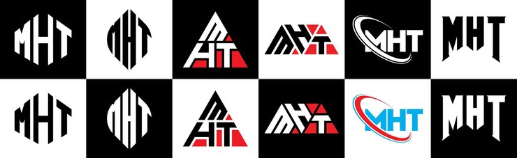 Vector diseño del logotipo de la letra mht en seis estilos mht polígono círculo triángulo hexágono plano y estilo simple con variación de color blanco y negro logotipo de letra establecido en un tablero de arte mht logotipo minimalista y clásico