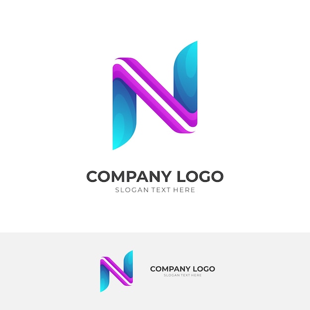 Diseño de logotipo letra N con estilo de color morado y azul 3d