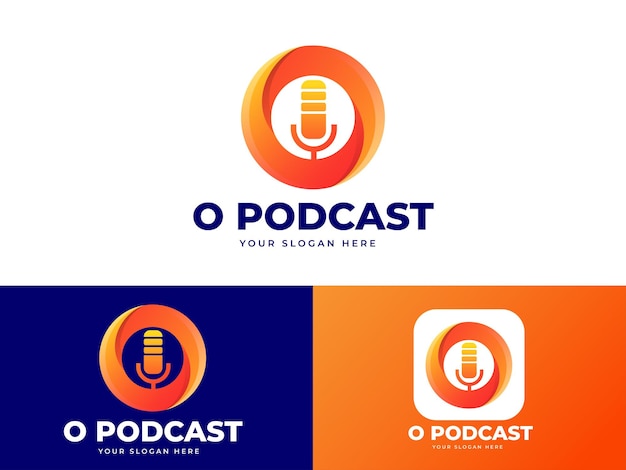 Diseño de logotipo de letra O con elemento de círculo de micrófono para identidad de podcast