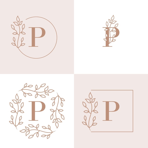 Diseño de logotipo de letra P de lujo con plantilla de fondo de marco floral