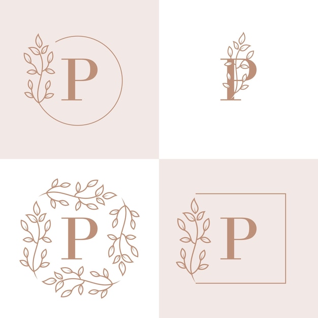 Diseño de logotipo de letra p de lujo con plantilla de fondo de marco floral