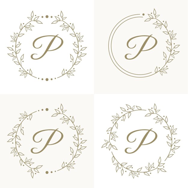 Diseño de logotipo de letra P de lujo con plantilla de fondo de marco floral