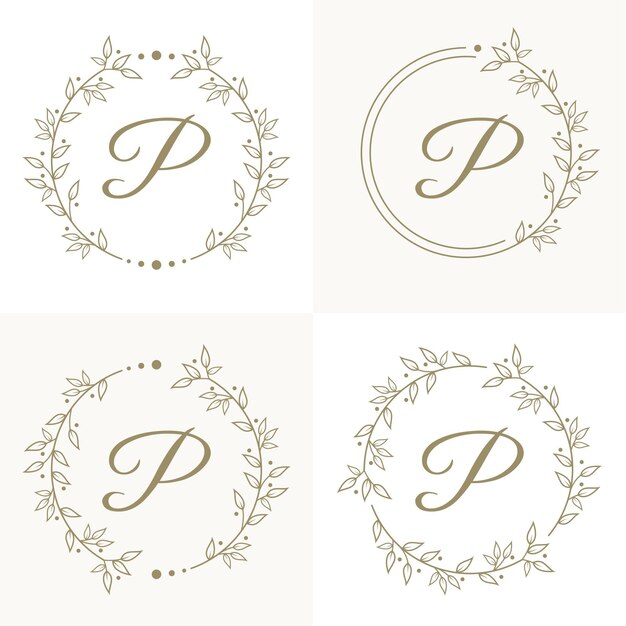 Vector diseño de logotipo de letra p de lujo con plantilla de fondo de marco floral