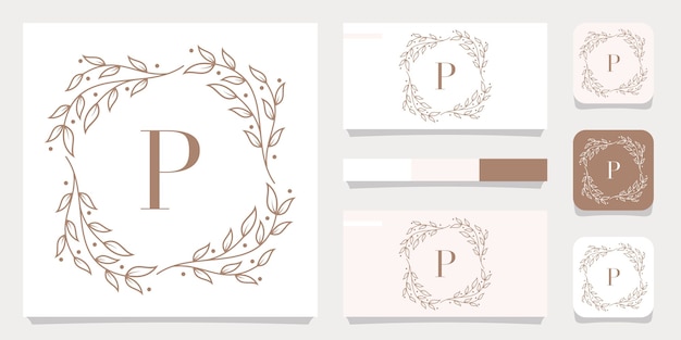 Diseño de logotipo de letra P de lujo con plantilla de marco floral, diseño de tarjeta de visita