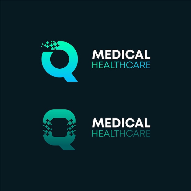 Diseño del logotipo de la letra Q abstracta con el concepto Pixels Plus para empresas médicas y sanitarias