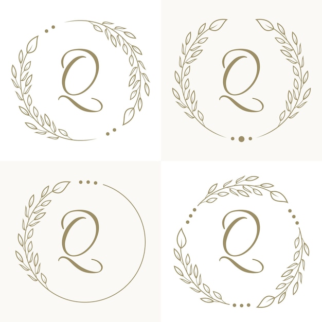 Diseño de logotipo de letra q de lujo con plantilla de fondo de marco floral
