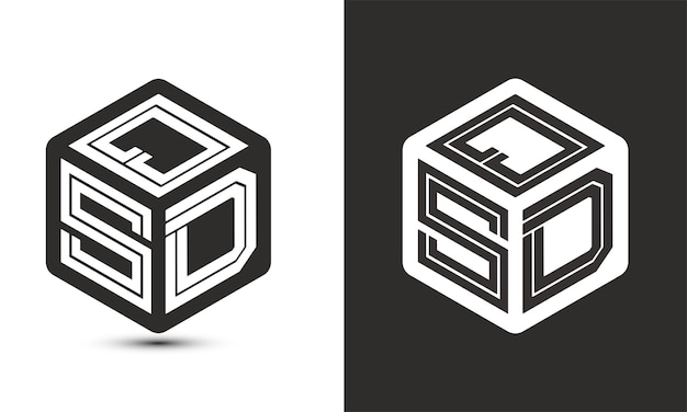 Diseño del logotipo de la letra QSD con el logotipo del cubo del ilustrador, el logotipo vectorial, el estilo de superposición de fuentes del alfabeto moderno, el icono del logotipo Premium Business, el color blanco sobre fondo negro.