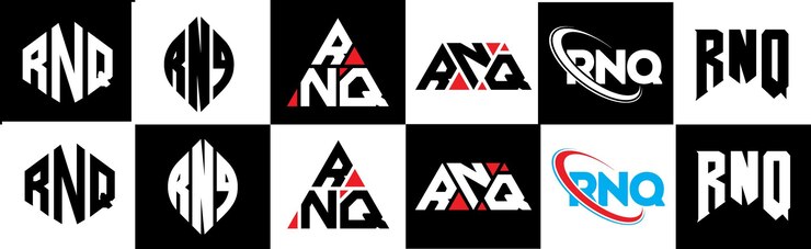 Vector diseño del logotipo de la letra rnq en seis estilos rnq polígono círculo triángulo hexágono plano y estilo simple con variación de color negro y blanco logotipo de letra establecido en un tablero de arte rnq logotipo minimalista y clásico