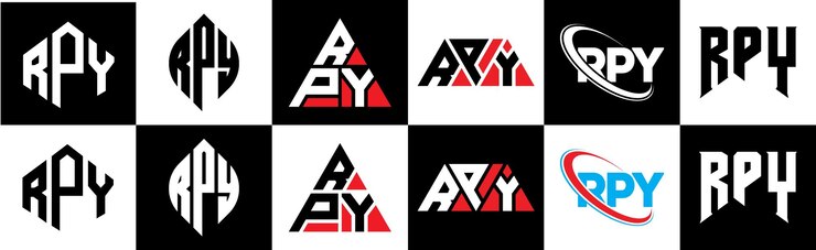 Vector diseño de logotipo de letra rpy en seis estilos rpy polígono círculo triángulo hexágono plano y estilo simple con variación de color negro y blanco logotipo de carta establecido en un tablero de arte rpy logotipo minimalista y clásico