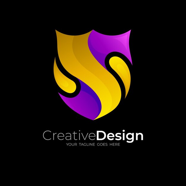 Diseño de logotipo y letra S de escudo, estilo 3d
